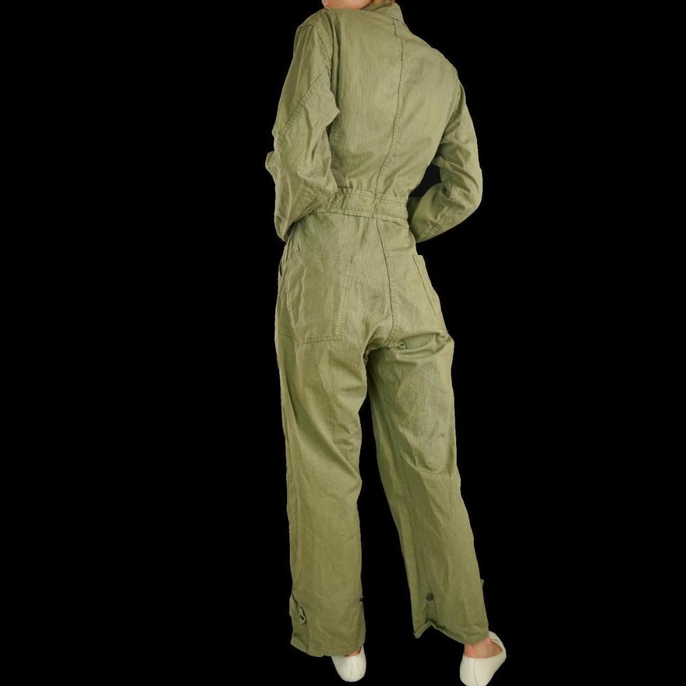 Vintage 1940s military green herringbone belted jumpsuit - Picture 2 of 5
